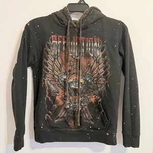 Affliction Black/Brown Graphic Eagle Rhinestone Distressed Hoodie — Size Small
